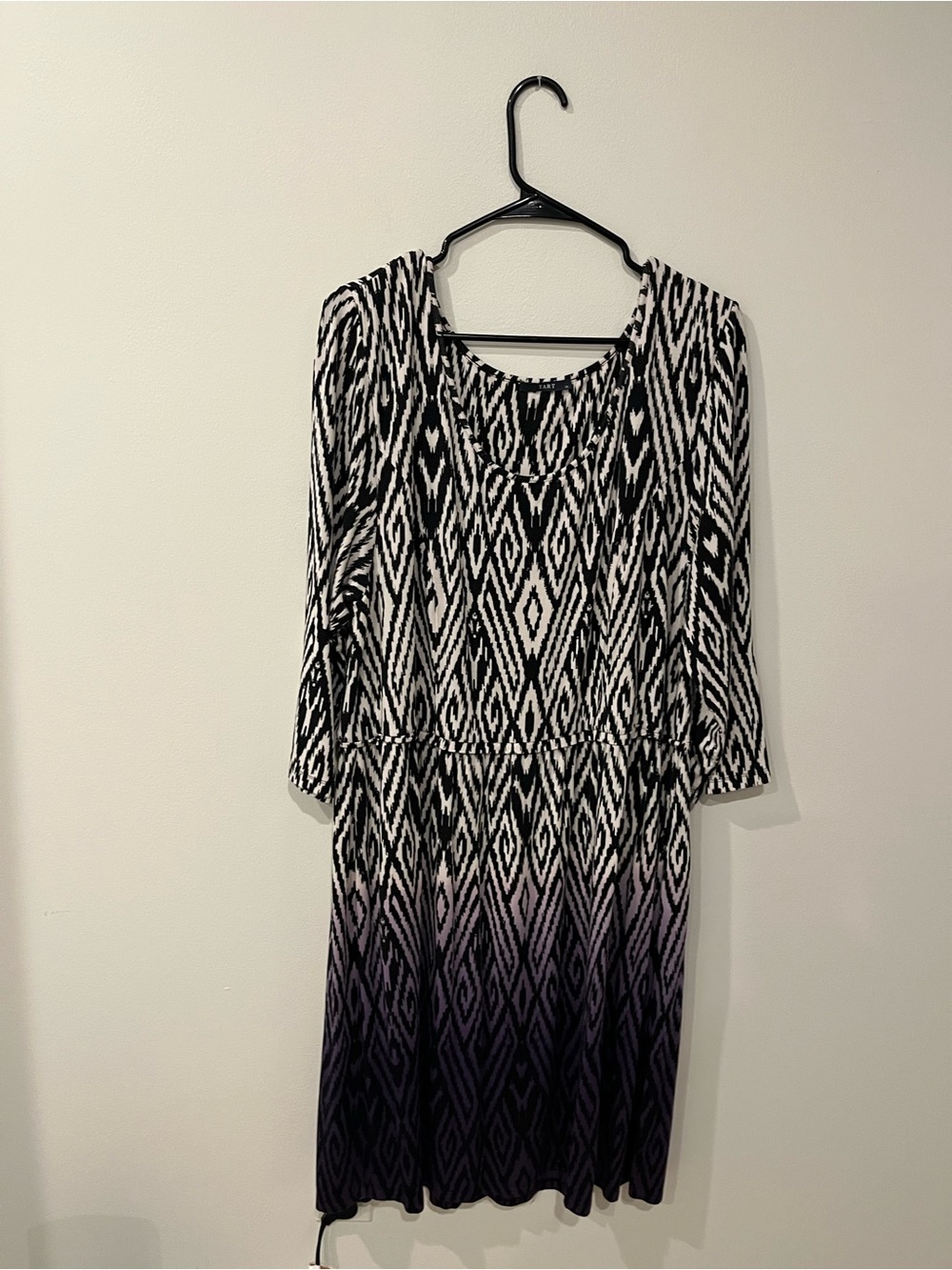 Tart Ikat Print B&W and Purple Scoop Neck Ombre Dress with Long Sleeves Size 2X